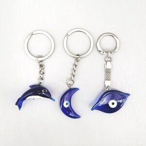 Set of 3 Blue Evil Eye Dolphin Moon Crescent Keychains for Women